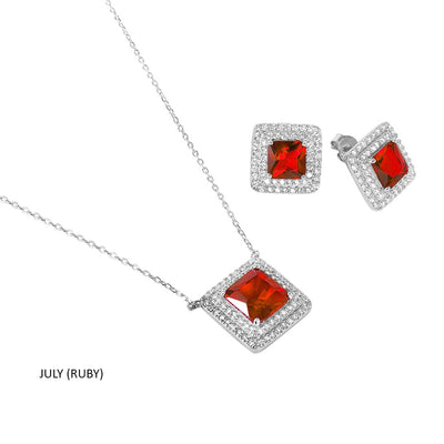 Sterling Silver Rhodium Plated Square CZ Cluster Birthstone Set-Jul