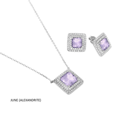 Sterling Silver Rhodium Plated Square CZ Cluster Birthstone Set-Jun