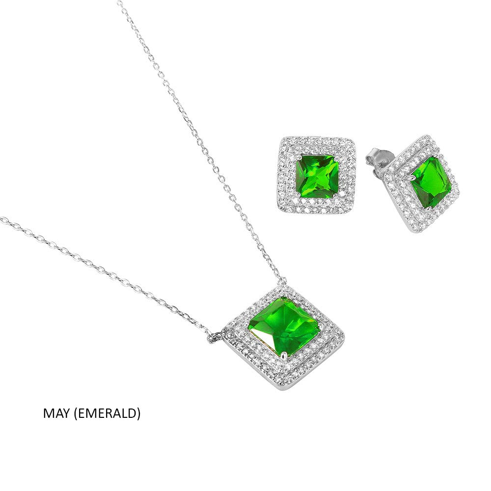 Sterling Silver Rhodium Plated Square CZ Cluster Birthstone Set-May
