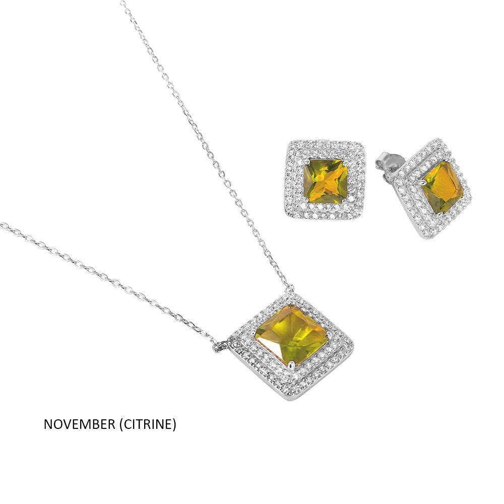 Sterling Silver Rhodium Plated Square CZ Cluster Birthstone Set-Nov