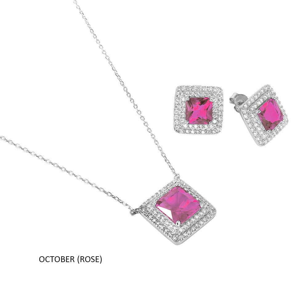 Sterling Silver Rhodium Plated Square CZ Cluster Birthstone Set-Oct