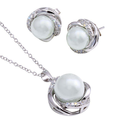 Sterling Silver Rhodium Plated Clear CZ White Pearl Se With CZ  Stones