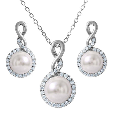 Sterling Silver Rhodium Plated Clear CZ White Pearl Set  With CZ  Stones