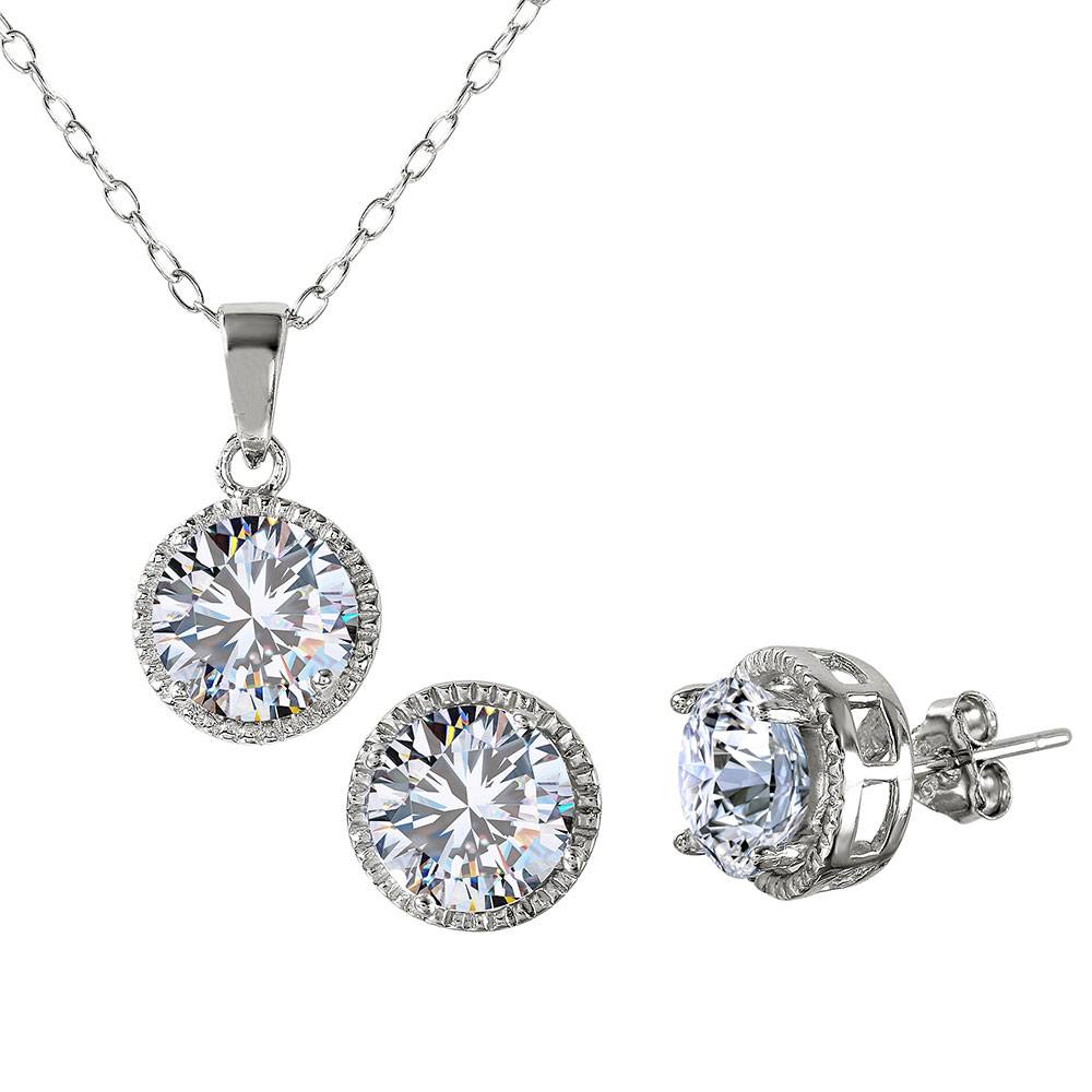 Sterling Silver Rhodium Plated Halo Design CZ Set