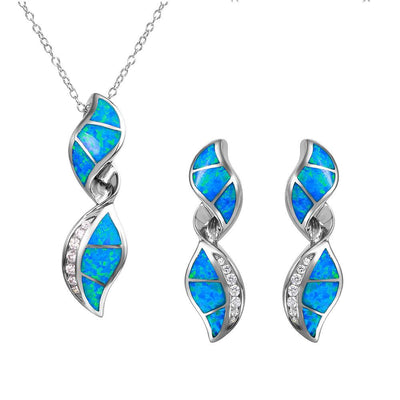 Sterling Silver Twisted Design Set With Blue Synthetic Opal And CZ