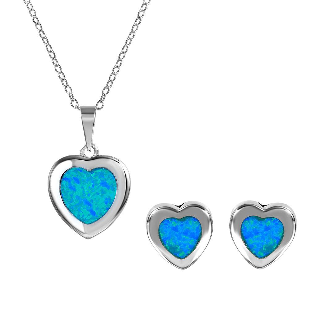 Sterling Silver Rhodium Plated Heart Set With Blue Synthetic Opal