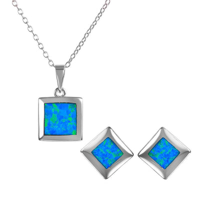 Sterling Silver Square Blue Synthetic Opal Set