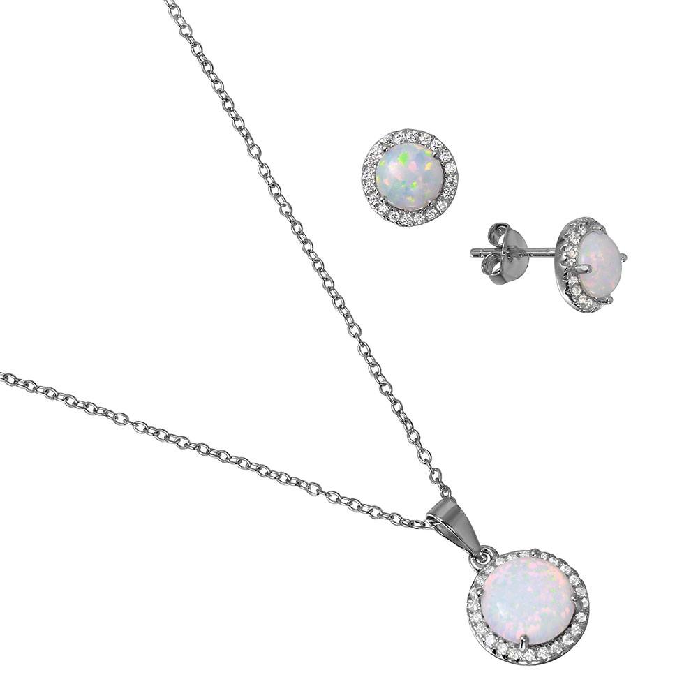 Sterling Silver Rhodium Plated Halo Set With Synthetic Opal And CZ