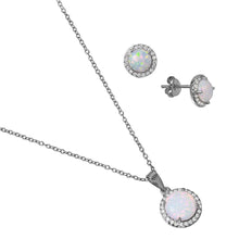 Load image into Gallery viewer, Sterling Silver Rhodium Plated Halo Set With Synthetic Opal And CZ