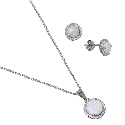 Sterling Silver Rhodium Plated Halo Set With Synthetic Opal And CZ
