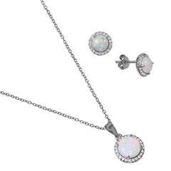 Sterling Silver Rhodium Plated Halo Set With Synthetic Opal And CZ