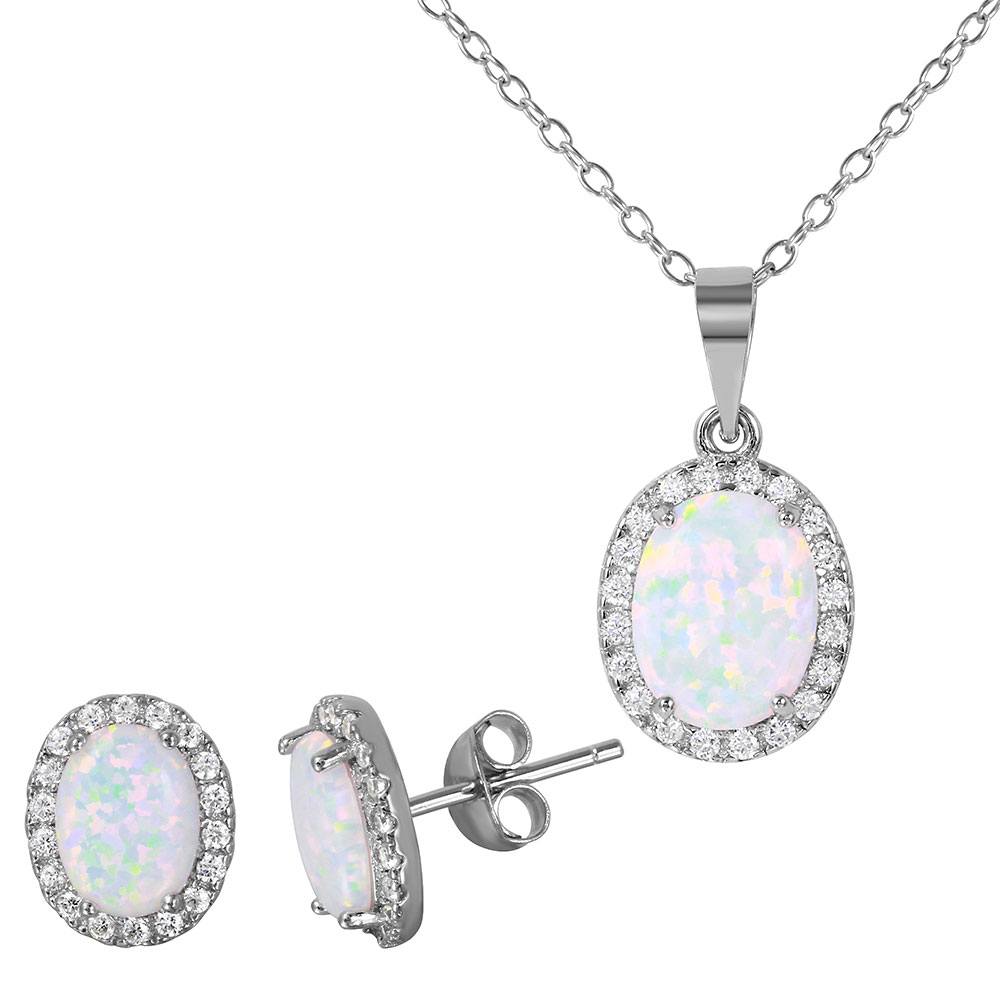 Sterling Silver Rhodium Plated Oval Halo Set With Synthetic Opal And CZ