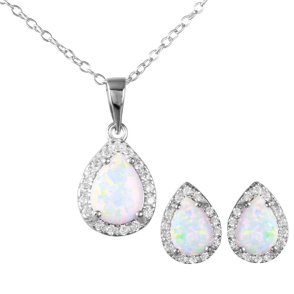 Sterling Silver Rhodium Plated Pear Opal Clear CZ Earring and Necklace Set