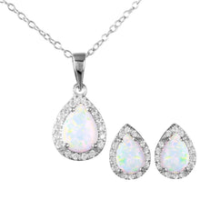 Load image into Gallery viewer, Sterling Silver Rhodium Plated Pear Opal Clear CZ Earring and Necklace Set