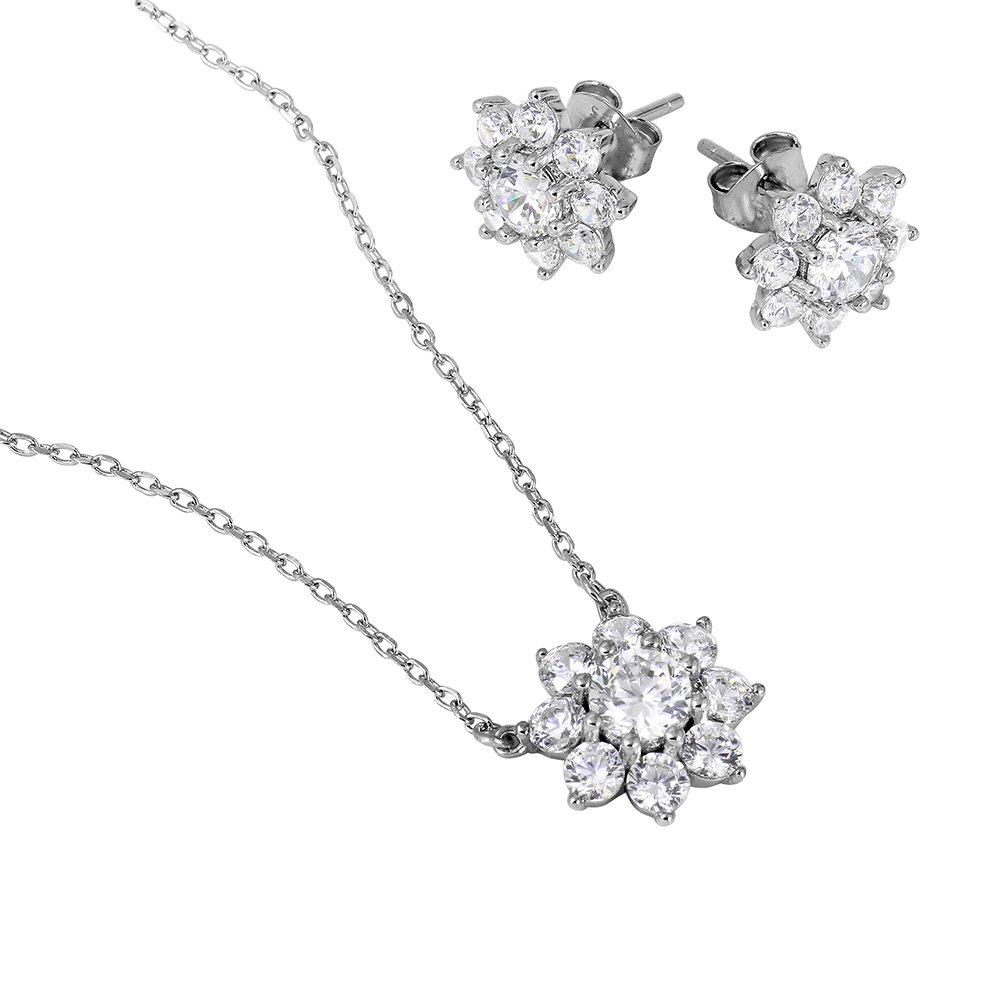 Sterling Silver Rhodium Plated Flower CZ Earrings And Necklace Set