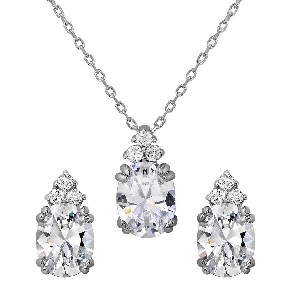 Sterling Silver Rhodium Plated Oval CZ Earrings And Necklace Set