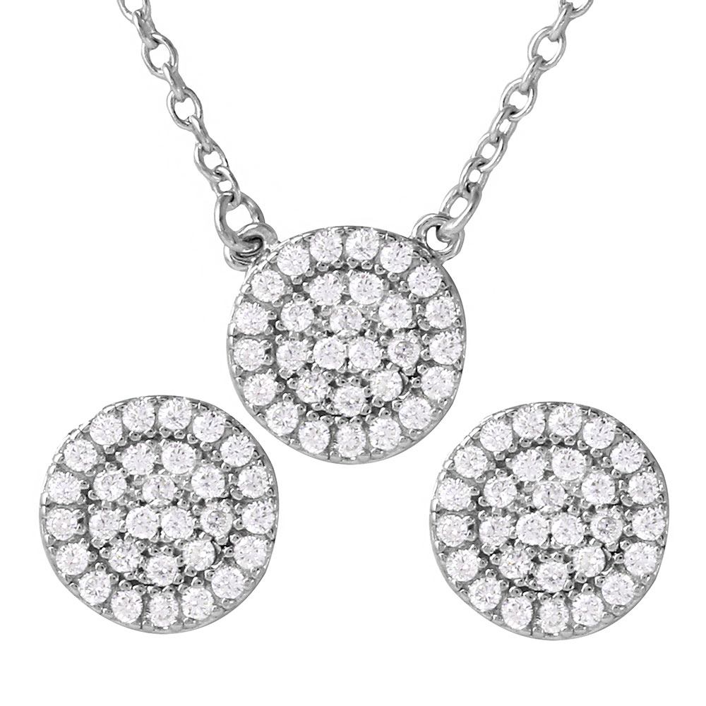 Sterling Silver Rhodium Plated CZ Encrusted Round Earrings and Necklace Set