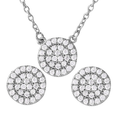 Sterling Silver Rhodium Plated CZ Encrusted Round Earrings and Necklace Set