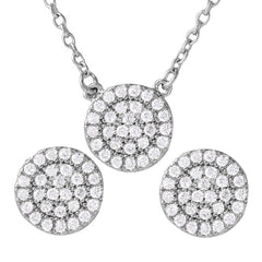 Sterling Silver Rhodium Plated CZ Encrusted Round Earrings and Necklace Set