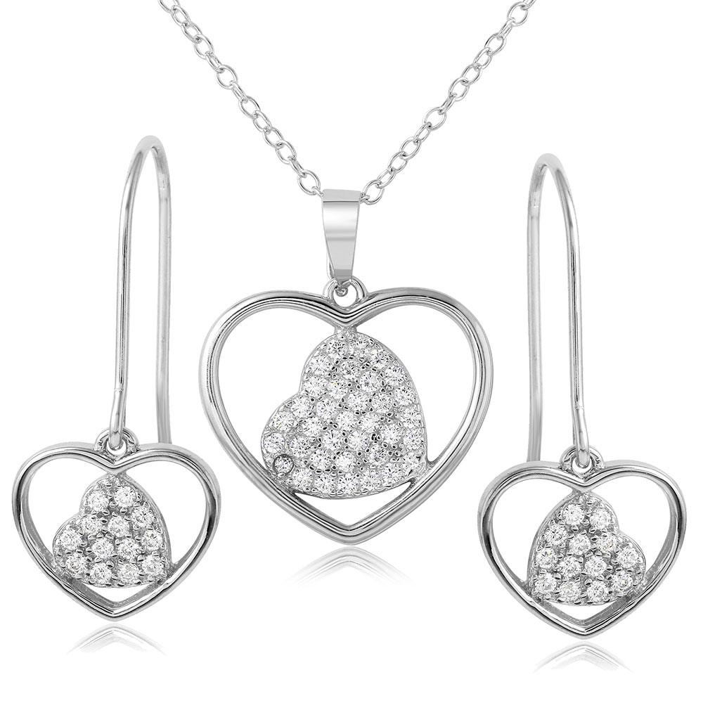 Sterling Silver Rhodium Plated Double Heart CZ Earrings and Necklace Set