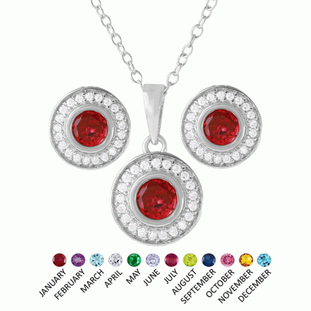 Sterling Silver Rhodium Plated Birthstones Halo CZ Sets-Jul