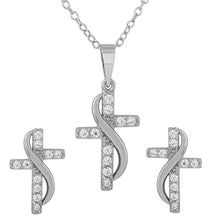 Load image into Gallery viewer, Sterling Silver Rhodium Plated CZ Cross With Sash Earrings And Necklace Set