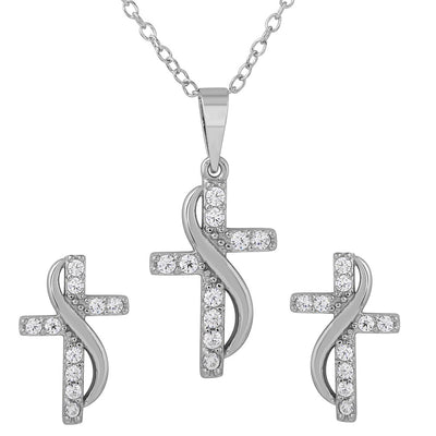 Sterling Silver Rhodium Plated CZ Cross With Sash Earrings And Necklace Set