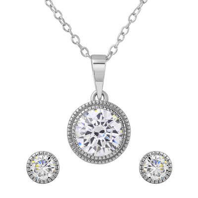 Sterling Silver Rhodium Plated Round CZ Earring And Necklace Set