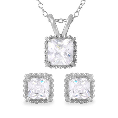 Sterling Silver Rhodium Plated Square CZ Earrings and Necklace Set