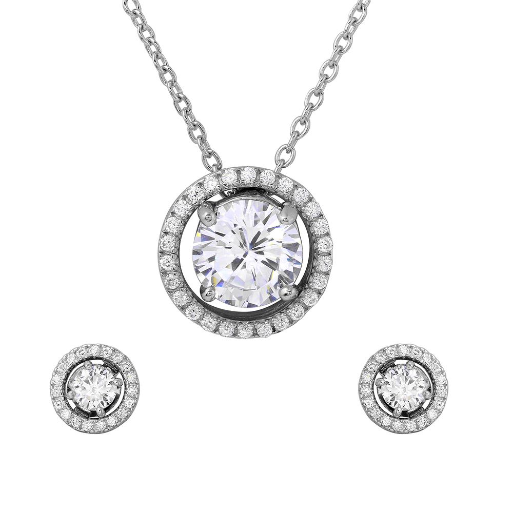 Sterling Silver Rhodium Plated Halo CZ Round Earrings And Necklace Set