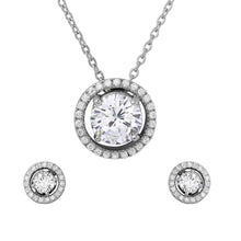 Load image into Gallery viewer, Sterling Silver Rhodium Plated Halo CZ Round Earrings And Necklace Set