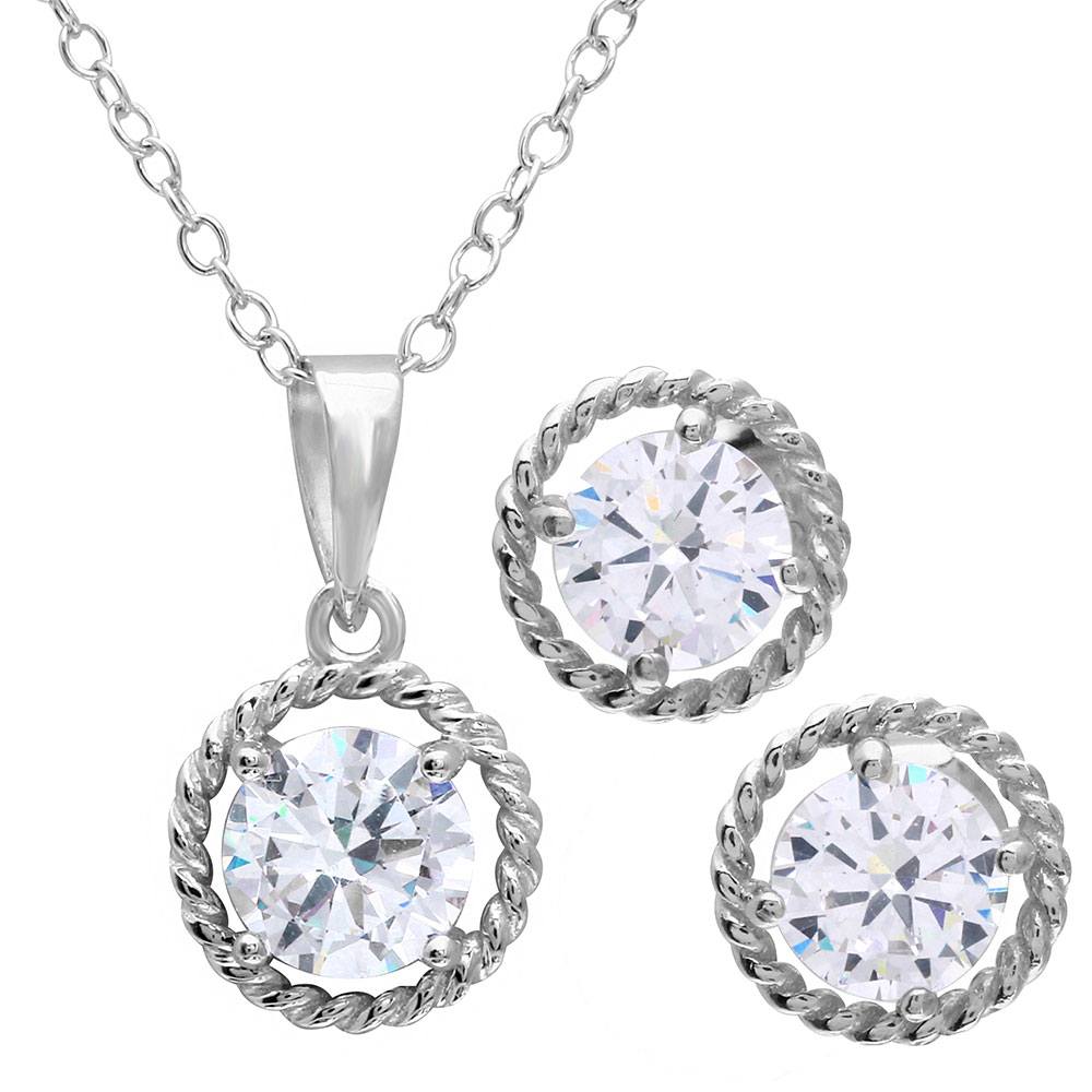 Sterling Silver Rhodium Plated Rope Border CZ Center Set