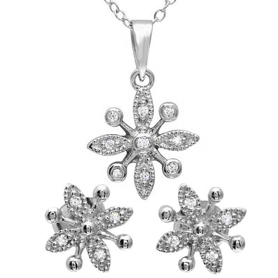 Sterling Silver Rhodium Plated CZ Flower Set