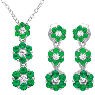 Sterling Silver Rhodium Plated 3 Drop Green CZ Flower Set