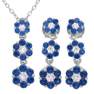 Sterling Silver Rhodium Plated 3 Drop Blue CZ Flower Set