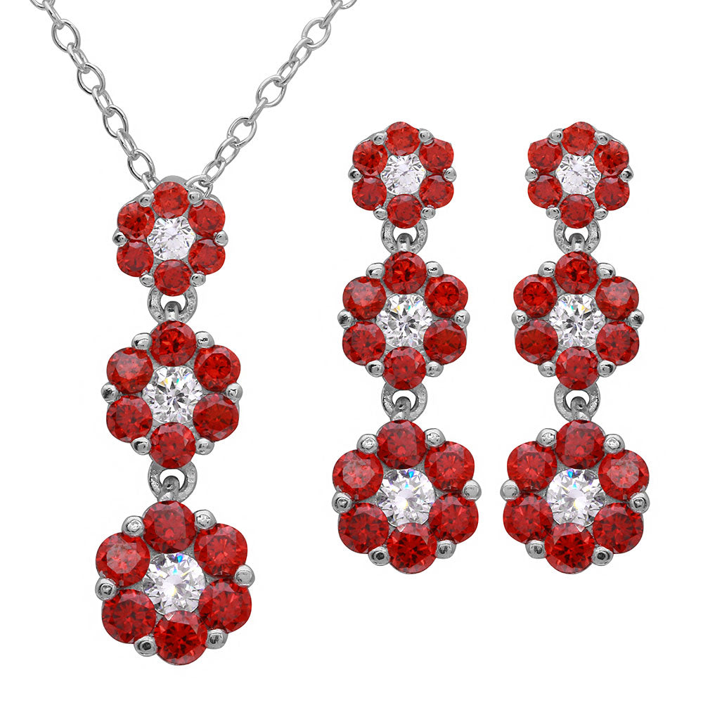 Sterling Silver Rhodium Plated 3 Drop Red CZ Flower Set