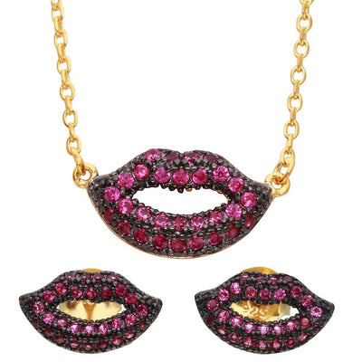 Sterling Silver Gold Plated Pink CZ Lips Sets
