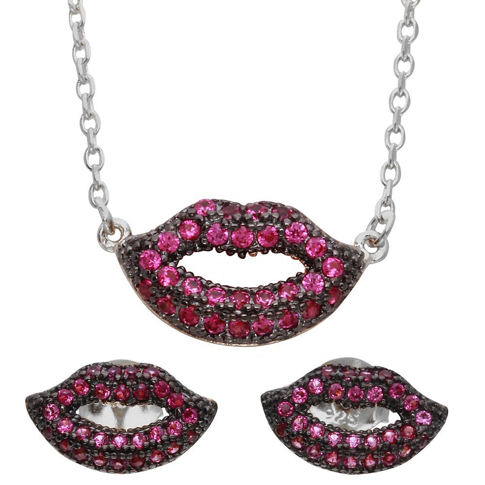 Sterling Silver Rhodium Plated Pink CZ Lips Sets