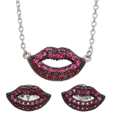 Sterling Silver Rhodium Plated Pink CZ Lips Sets