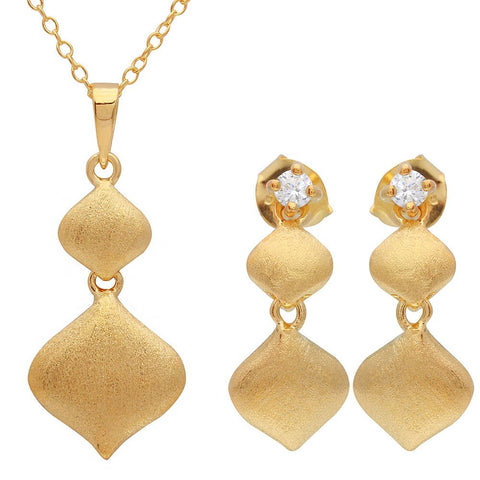 Sterling Silver Gold Plated Matte Finish Double Drop Diamond Shape Set