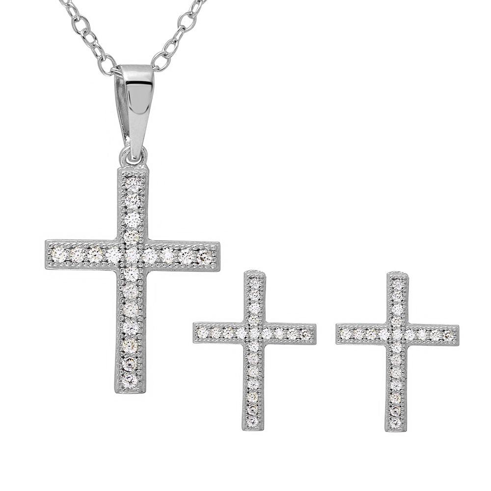 Sterling Silver Rhodium Plated CZ Cross Set