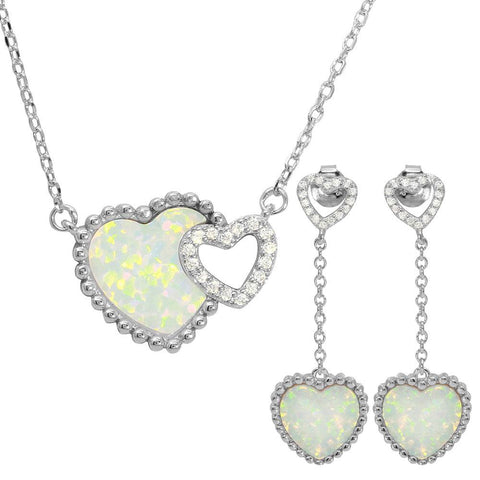 Sterling Silver Rhodium Plated Double Heart CZ And Opal Matching Set