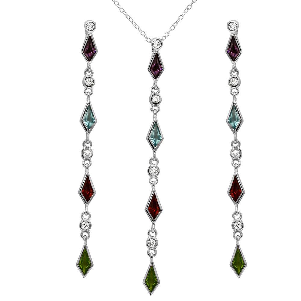 Sterling Silver Rhodium Plated Multi Color CZ Drop Set