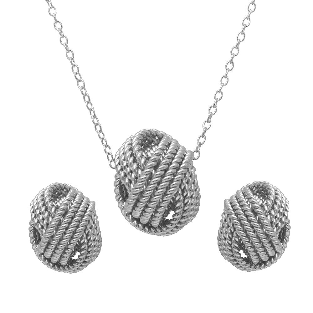 Sterling Silver Rhodium Plated Rope Knot Earrings And Necklace Set