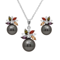 Sterling Silver Rhodium Plated Multi CZ Flower Set with Synthetic Black Pearl With CZ  Stones