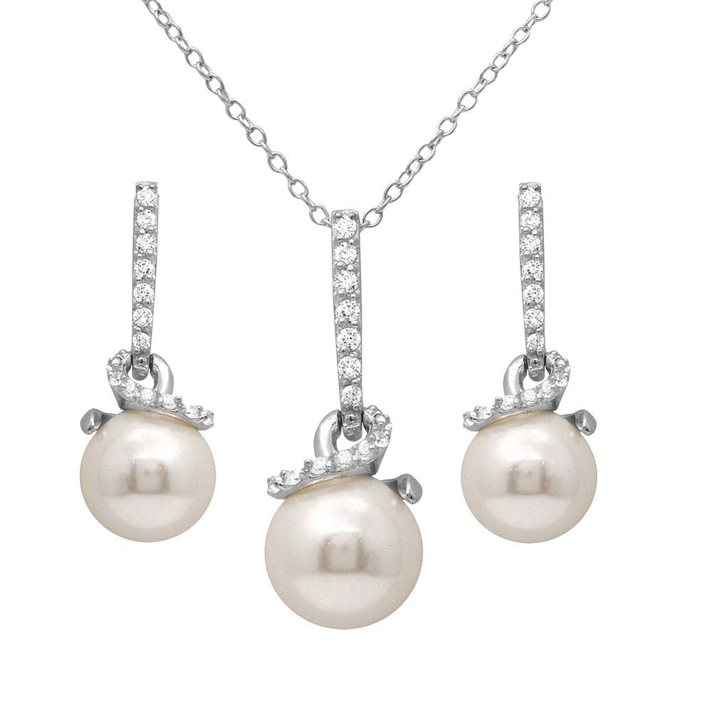 Sterling Silver Rhodium Plated Dangling Synthetic Pearls On A Spiral Setting