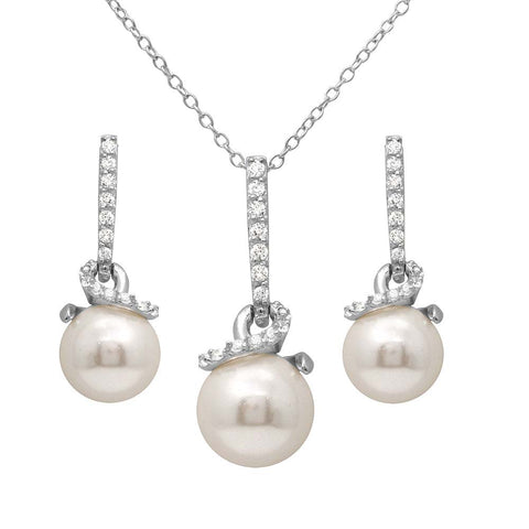 Sterling Silver Rhodium Plated Dangling Synthetic Pearls On A Spiral Setting