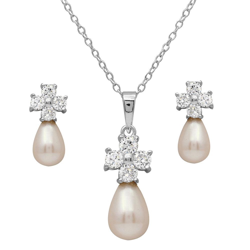 Sterling Silver Rhodium Plated CZ Cross Set With Fresh Water Pearl