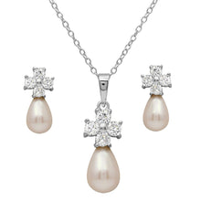 Load image into Gallery viewer, Sterling Silver Rhodium Plated CZ Cross Set With Fresh Water Pearl