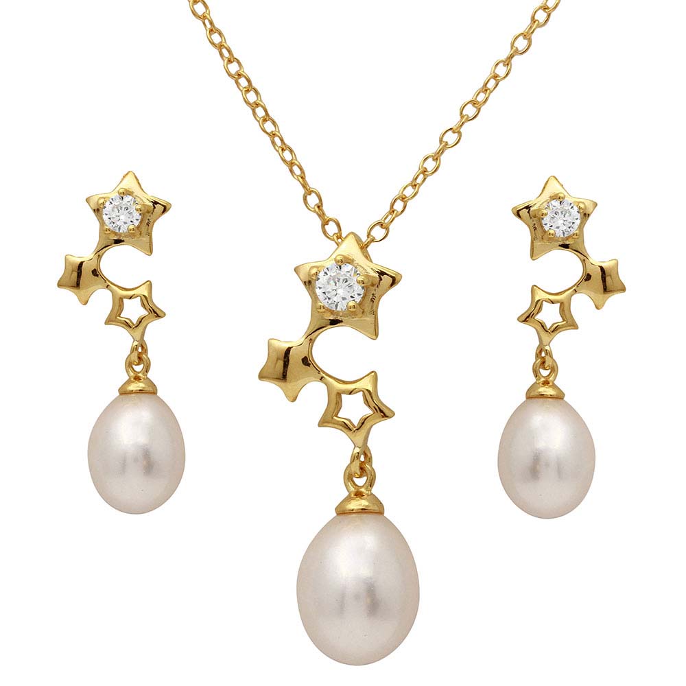 Sterling Silver Rhodium Plated Gold Plated Dangling Stars Set with Fresh Water Pearl With CZ  Stones